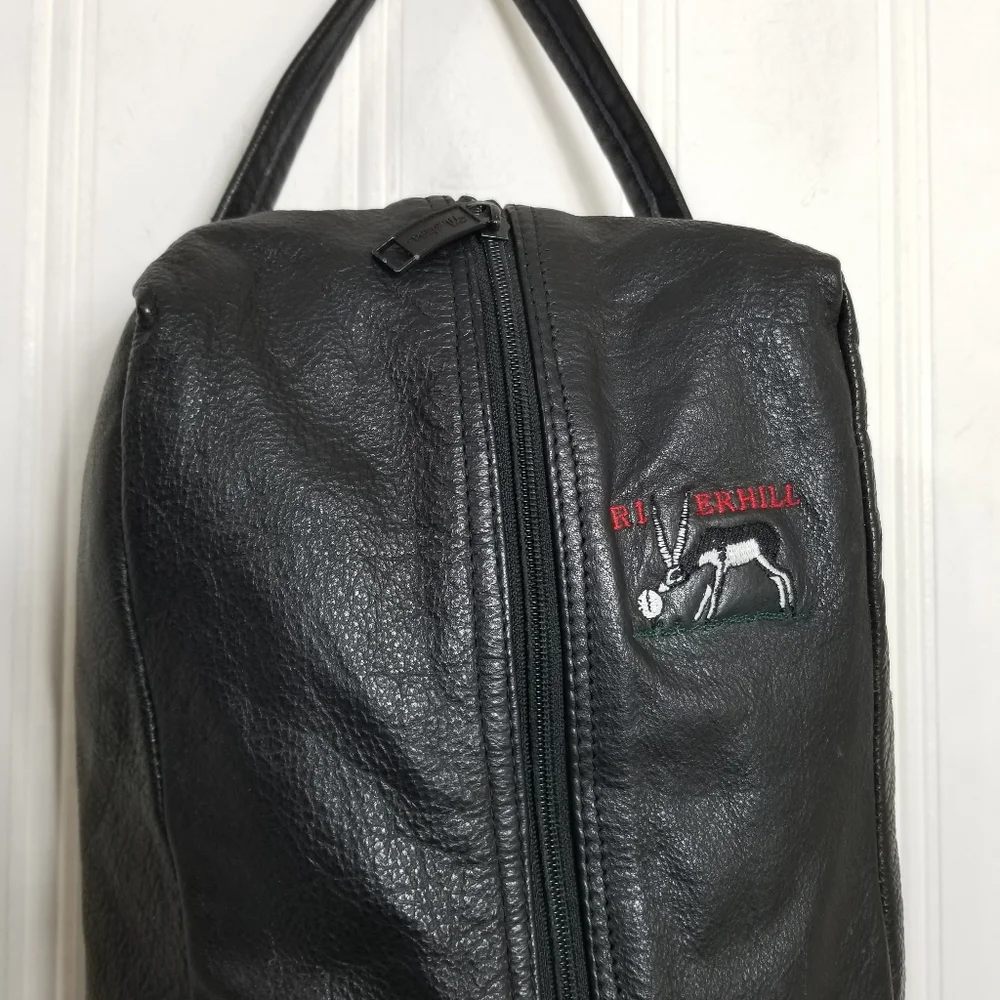 Riverhill Black Leather Pouch Bag Faux Fur Lined Single Handle Logo Zip